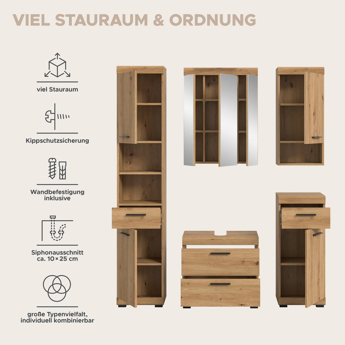 BADRUM 134 cm  - svart/ek Artisan, Trend, trämaterial/glas (134cm) - MID.YOU