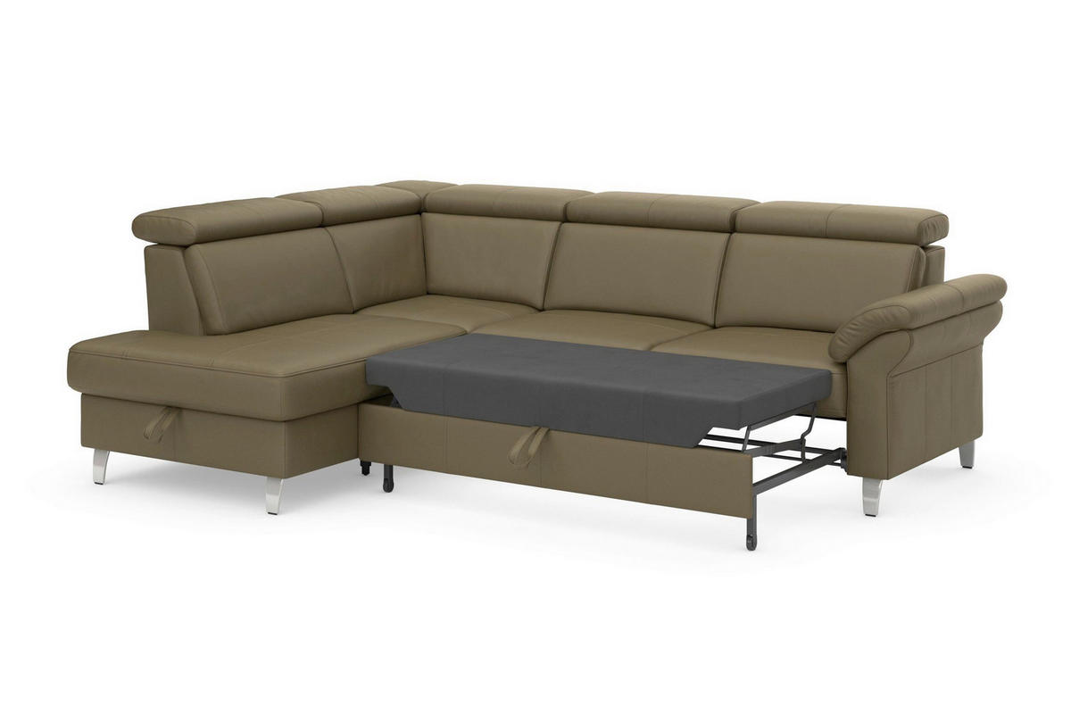 ECKSOFA ARNGAST E Olivgrün Kombination Echtleder/Stoff Mikrofaser Bettkasten, Kopfteilverstellung  - Chromfarben/Olivgrün, Basics, Leder/Textil (194/245cm) - Sit & More