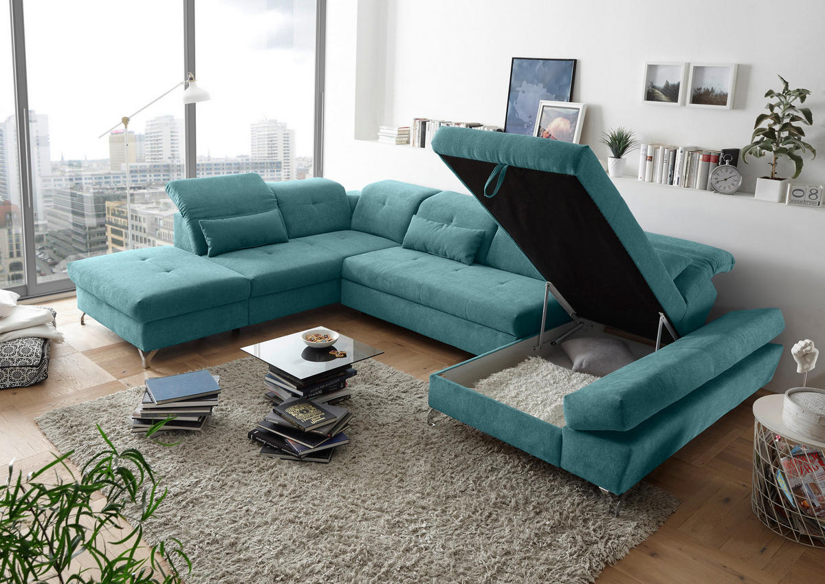WOHNLANDSCHAFT Türkis Mikrovelours  - Türkis/Silberfarben, MODERN, Textil/Metall (245/350/168cm) - MID.YOU