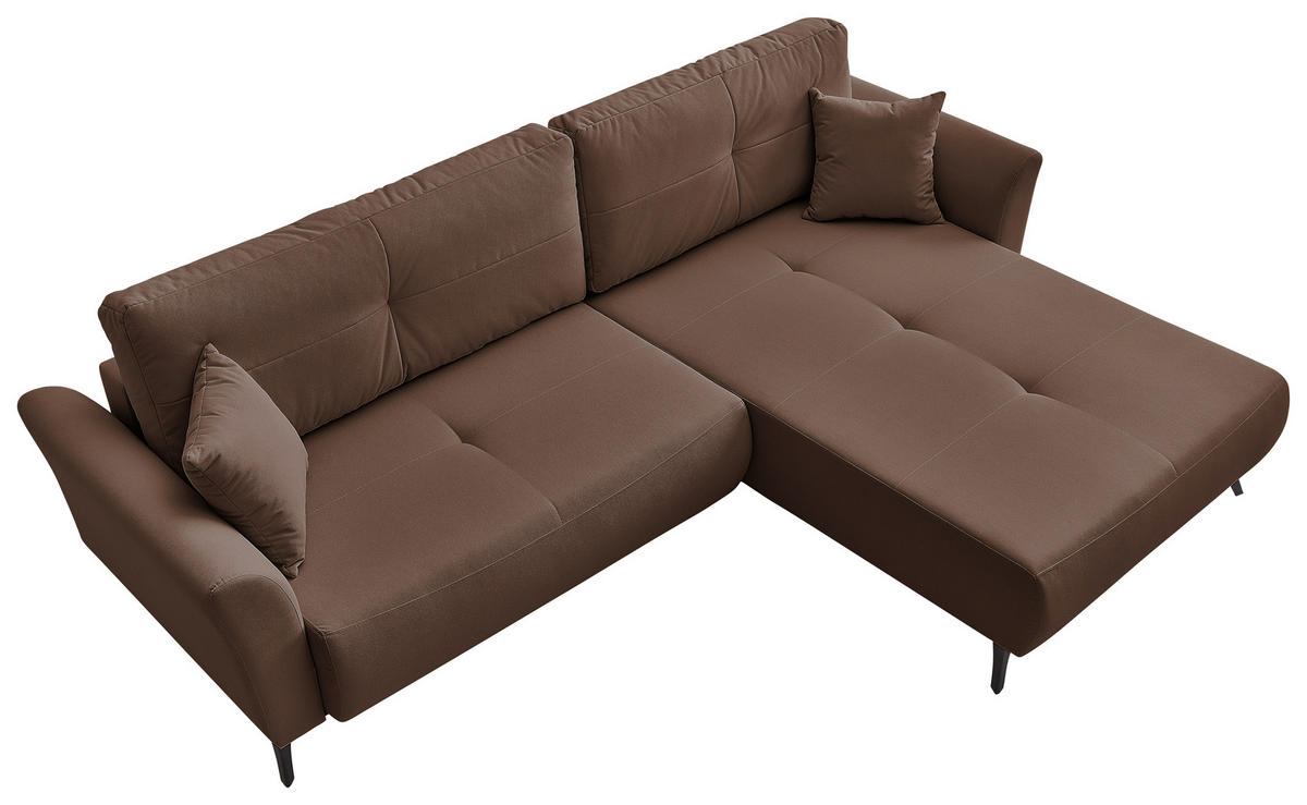ECKSOFA GEMMA Dunkelbraun Flachgewebe Zierkissen, Rückenkissen, Bettkasten, Schlaffunktion, Rücken echt, Stauraum  - Dunkelbraun/Schwarz, Design, Textil/Metall (270/183cm) - P & B
