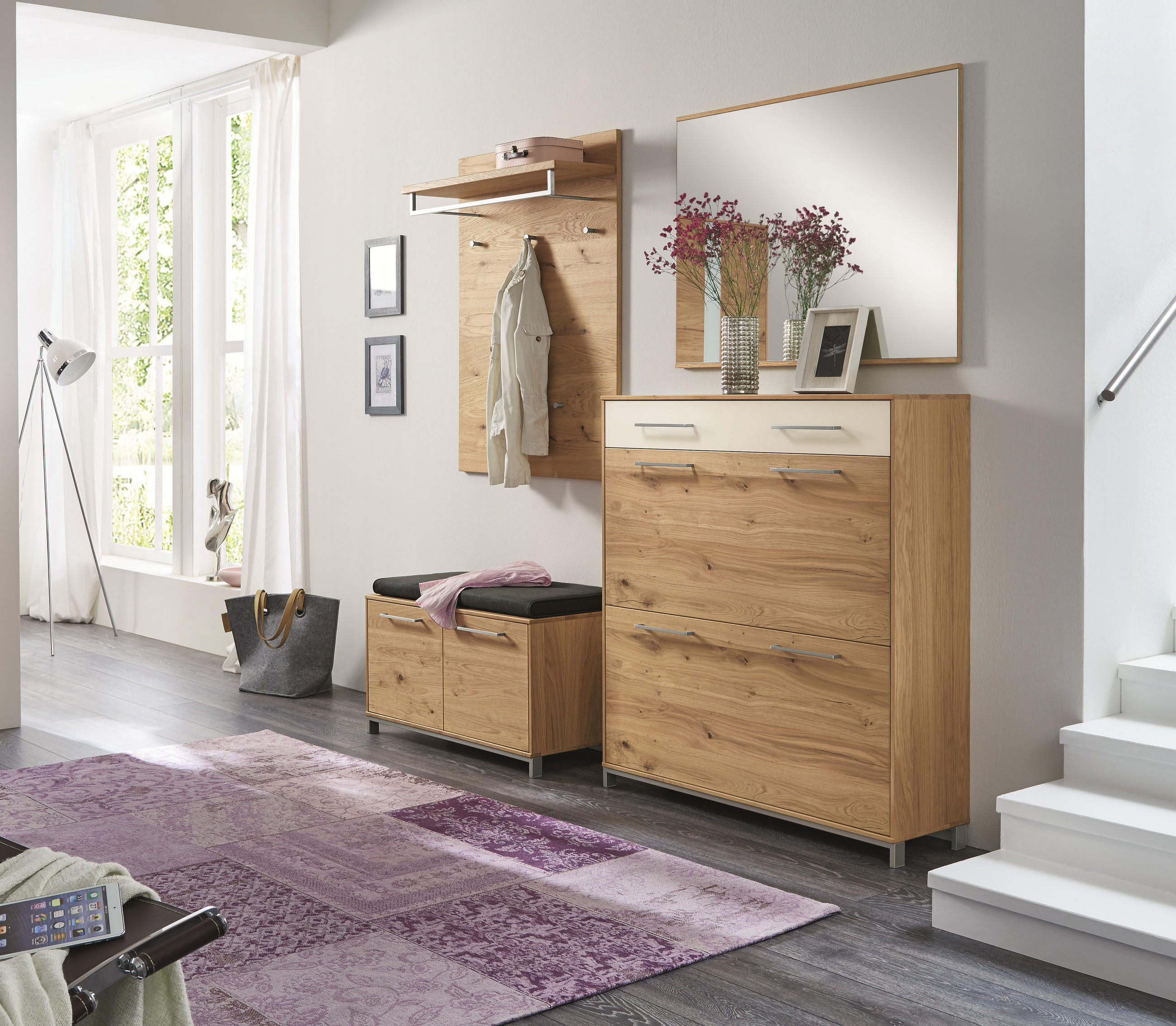 GARDEROBE Weiß, Eichefarben - Eichefarben/Weiß, Design, Glas/Holz
