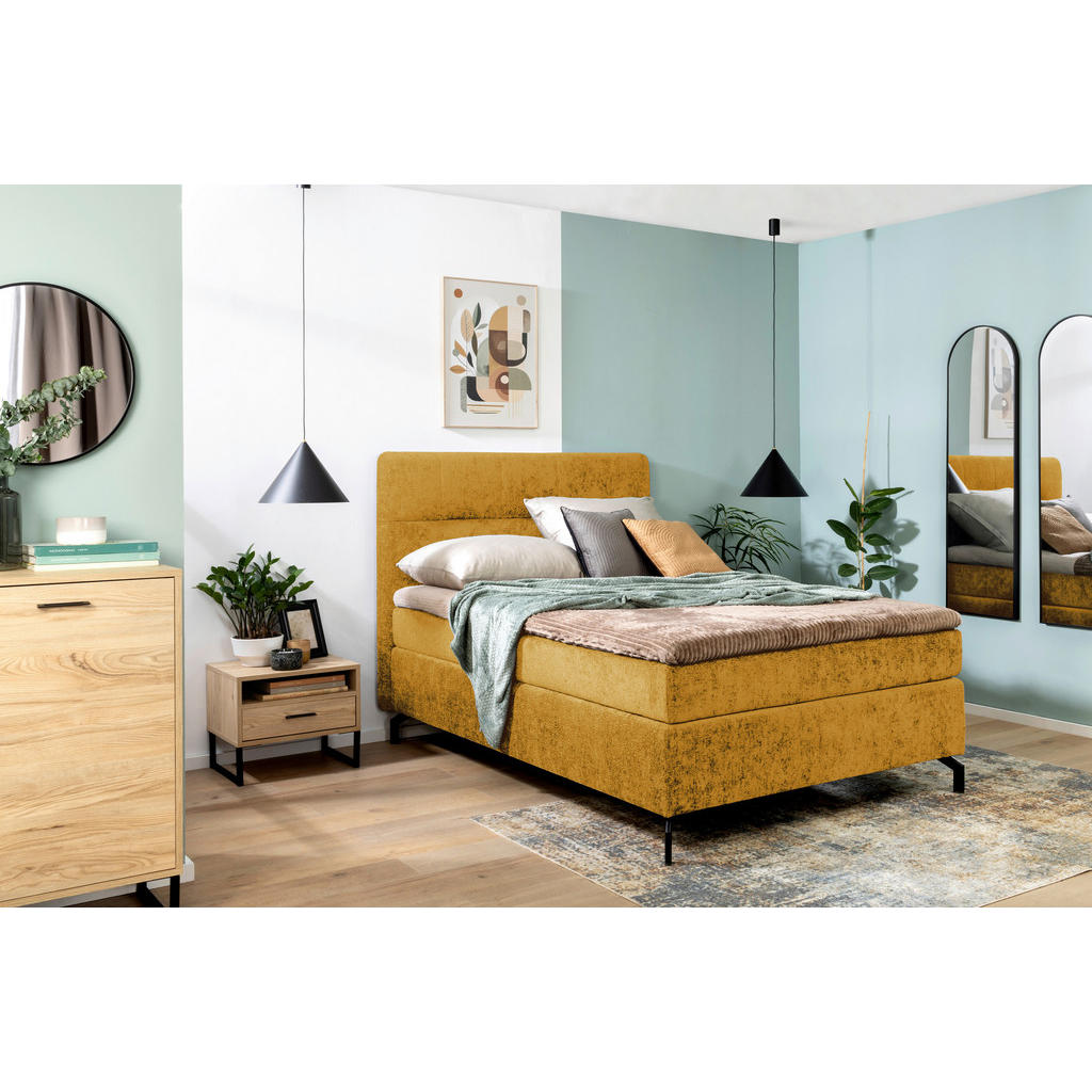 Thumbnail - Esposa Boxspringbett, Currygelb, Textil, H4, Höhe ca. 17 cm, 140x200 cm, Stoffauswahl, Topper durchgehend, Matratze in v...