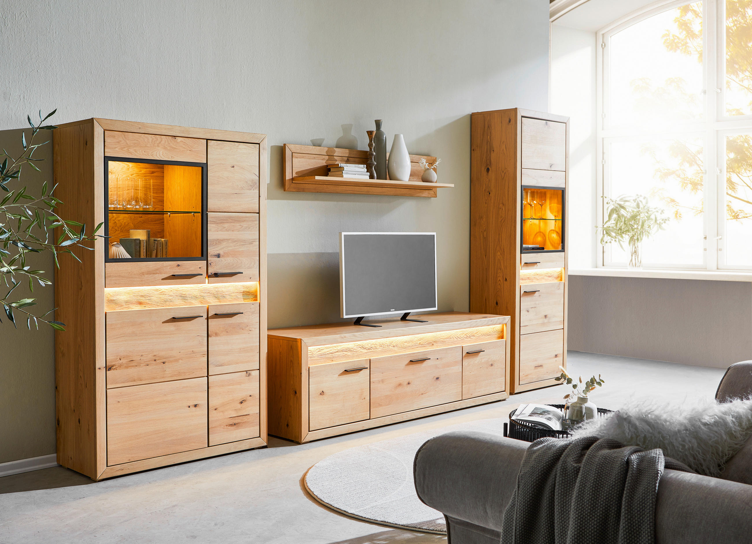 WOHNWAND  in Eichefarben  359/198/49 cm  - Eichefarben/Schwarz, KONVENTIONELL, Glas/Holz (359/198/49cm) - Cantus