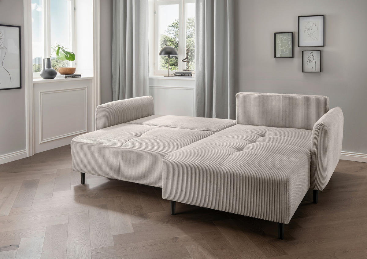 ECKSCHLAFSOFA in Cord Beige  - Beige/Schwarz, Basics, Holz/Textil (238/174cm) - Livetastic