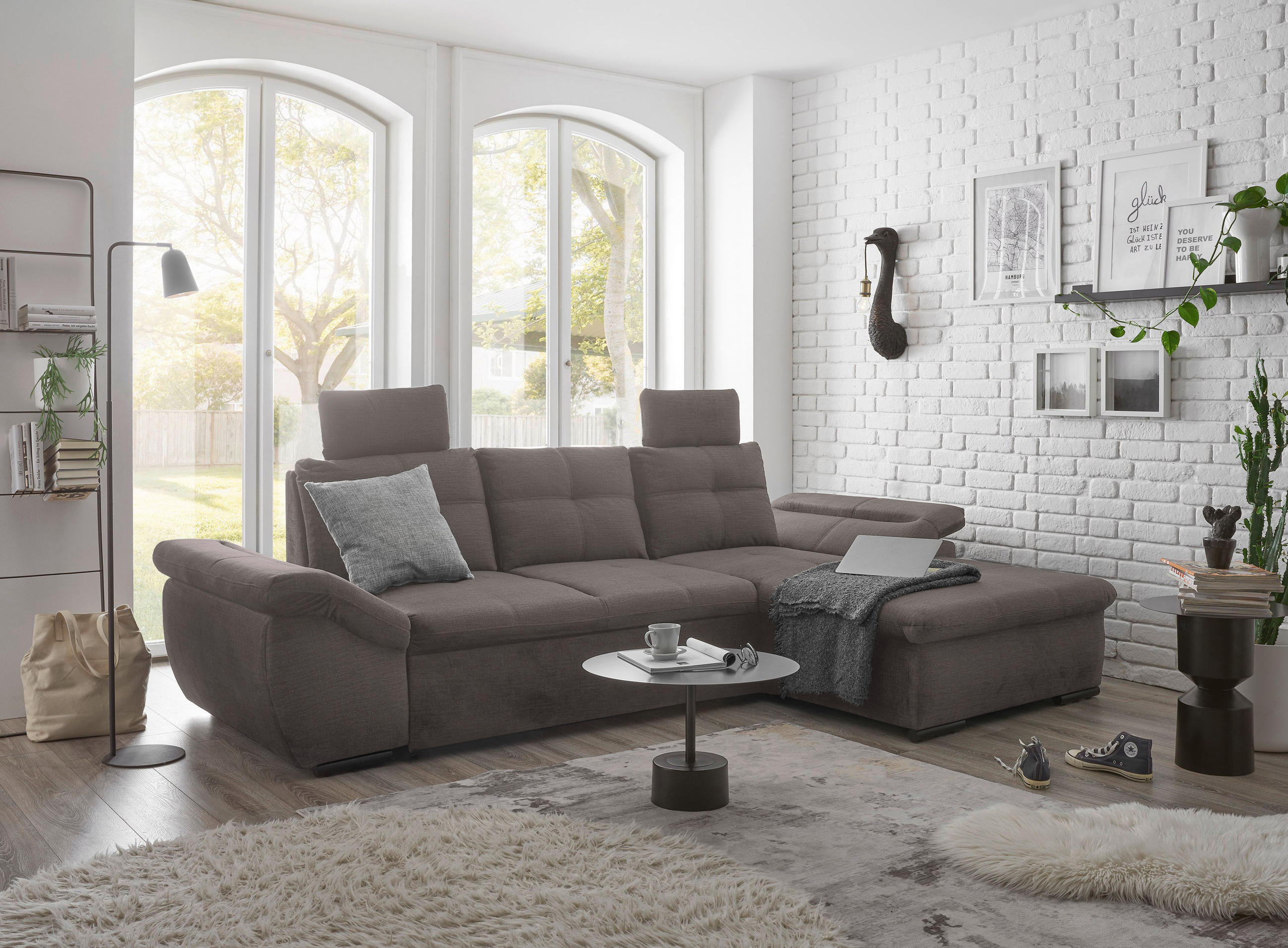 ECKSOFA in Mikrovelours Graubraun  - Graubraun/Schwarz, KONVENTIONELL, Kunststoff/Textil (275/170cm) - Carryhome