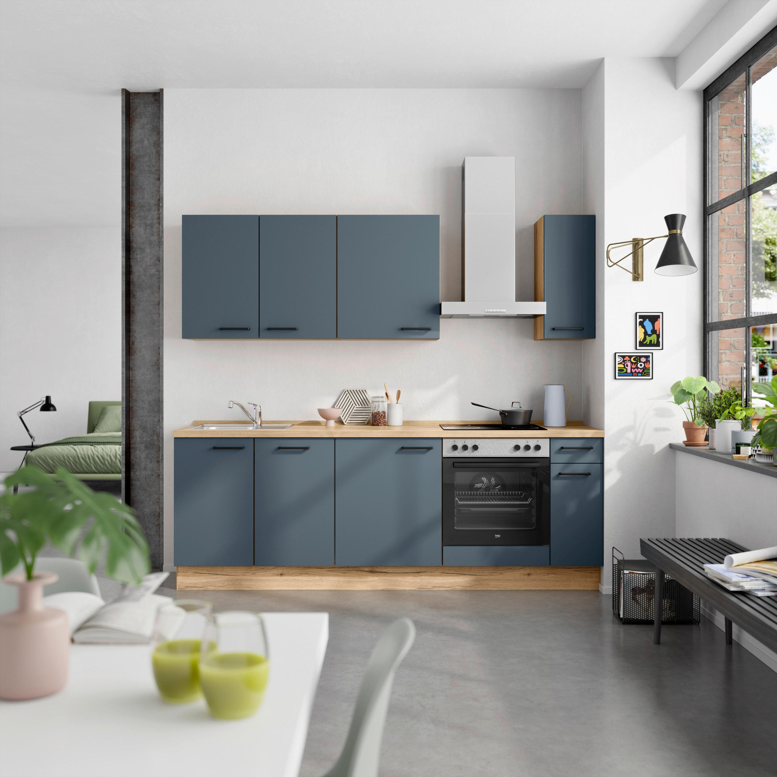 KÜCHENBLOCK 240 cm   in Eichefarben, Dunkelblau  - Eichefarben/Schwarz, MODERN, Holzwerkstoff/Metall (240cm) - Nobilia