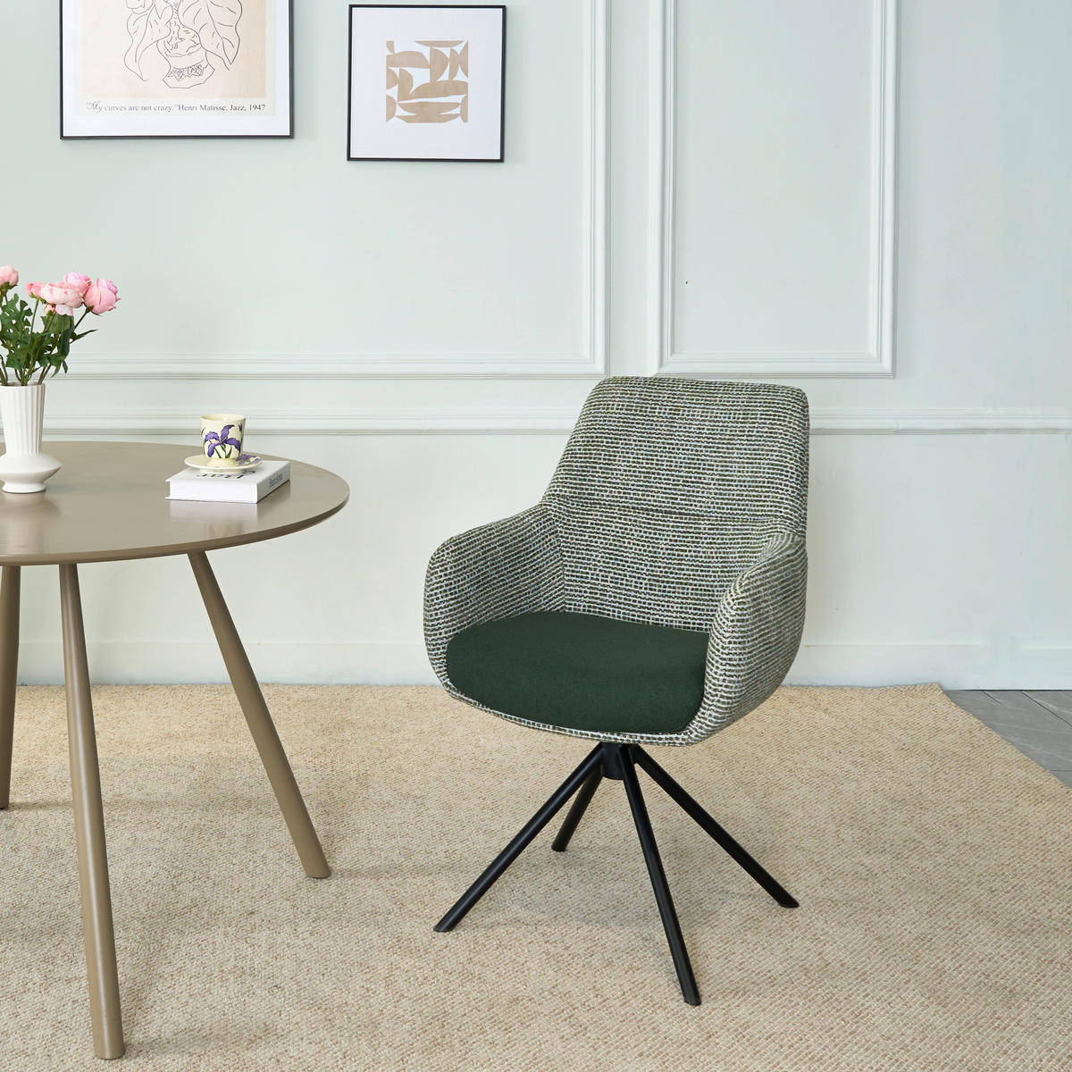 ARMLEHNSTUHL  Stoffauswahl, Sitzfläche 360° drehbar Webstoff  - Schwarz/Grün, Design, Textil/Metall (59/91/69cm) - Novel