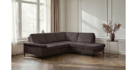 ECKSOFA Dunkelbraun Velours Bettkasten, Sitzvorzug  - Dunkelbraun/Schwarz, KONVENTIONELL, Textil/Metall (253/206cm) - Venda