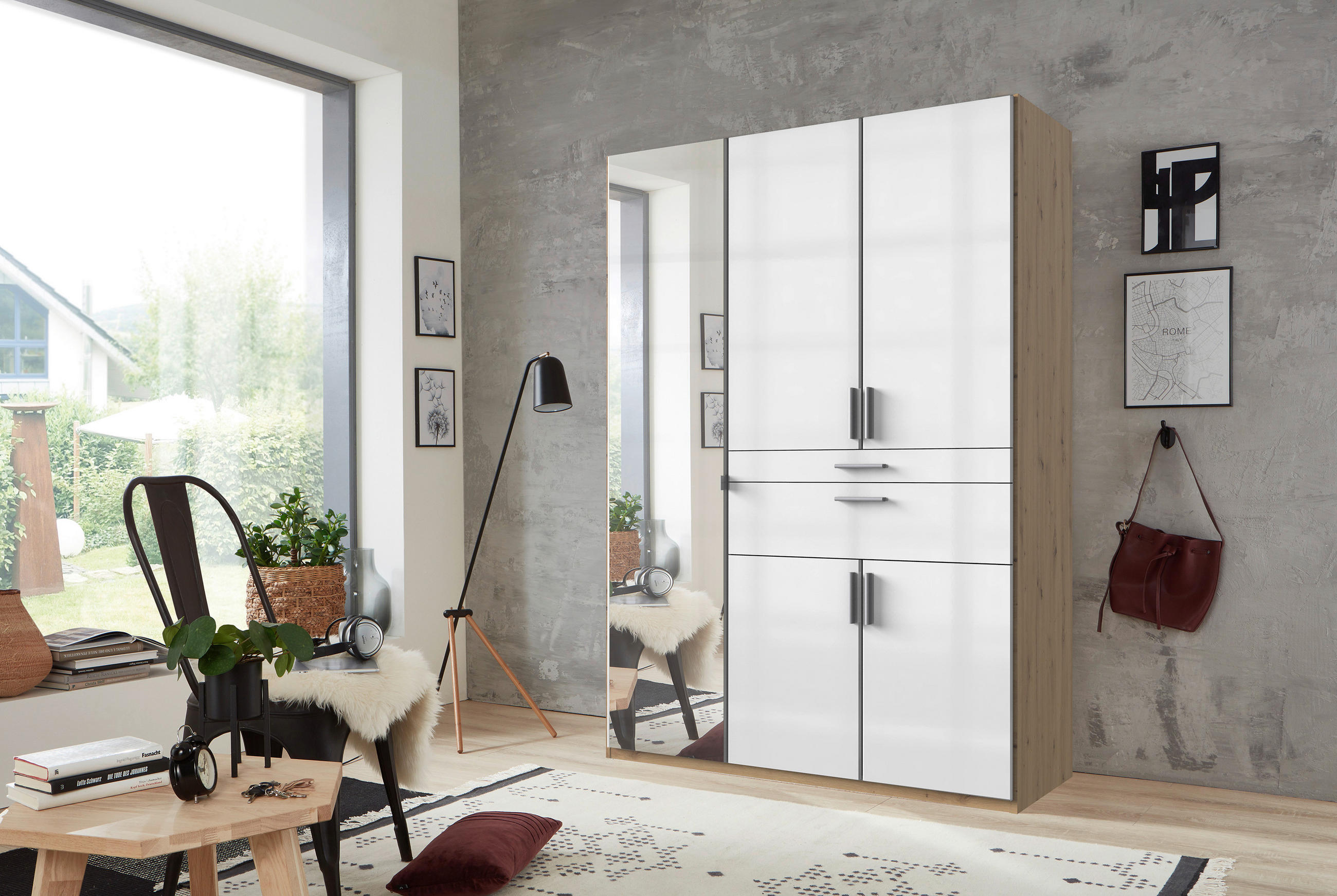 DREHTÜRENSCHRANK 135/197/58 cm 5-türig - Weiß Hochglanz/Alufarben, MODERN, Holzwerkstoff/Kunststoff (135/197/58cm) - MID.YOU