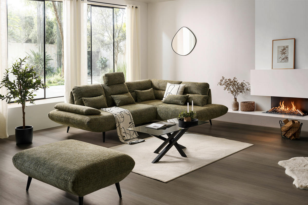 ECKSOFA  in Chenille Olivgrün  286/213 cm  - Schwarz/Olivgrün, Design, Textil/Metall (286/213cm) - Welnova