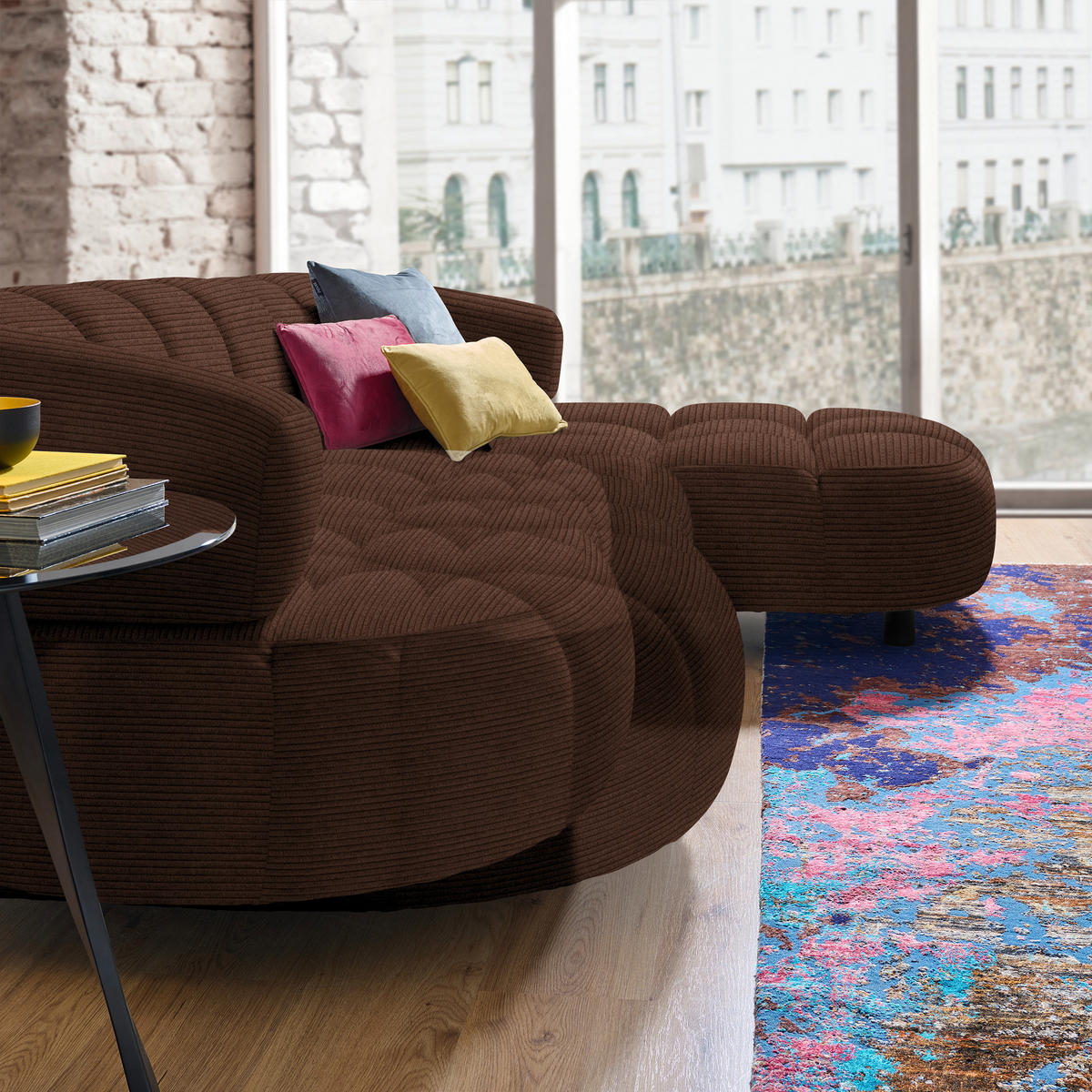 ECKSOFA in Cord, Velours Dunkelbraun  284/183 cm  - Dunkelbraun/Schwarz, Design, Holz/Textil (284/183cm) - Welnova
