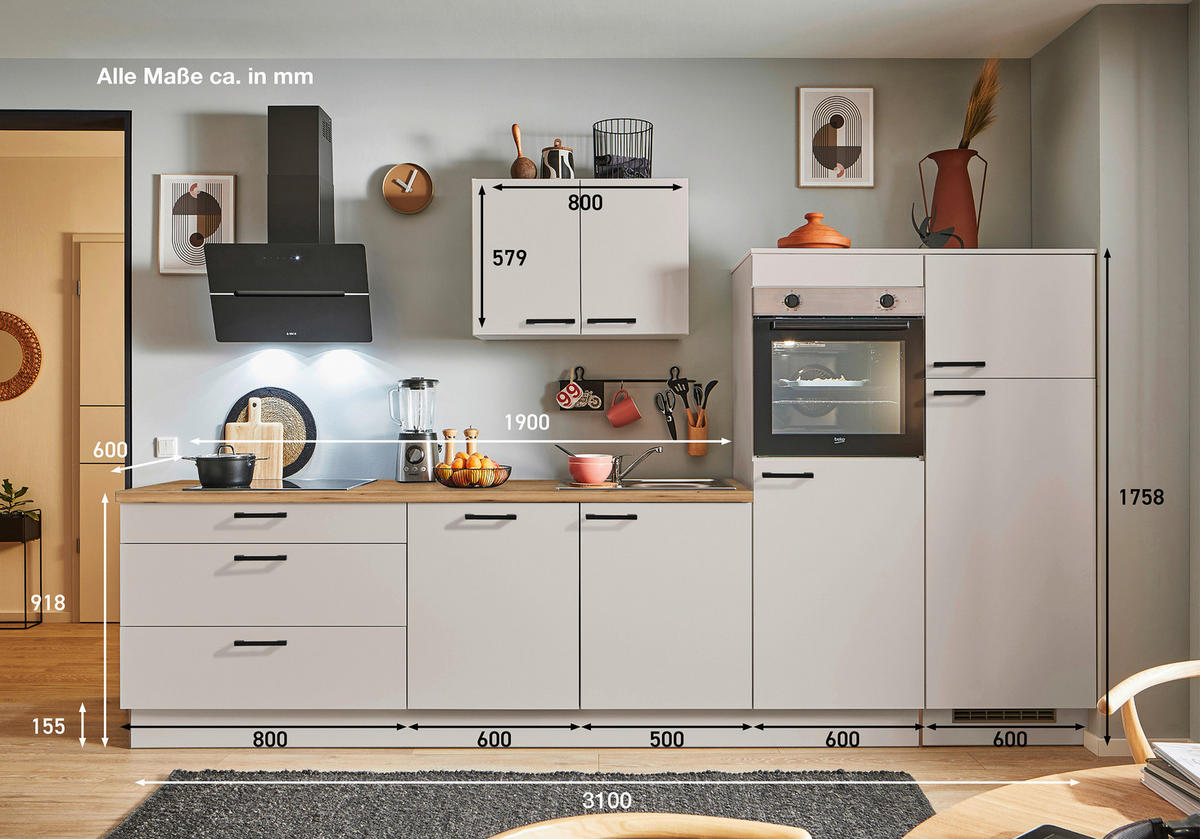 KÜCHENBLOCK PN 80 310 cm  in Eichefarben, Kaschmir  - Kaschmir/Eichefarben, Design, Holzwerkstoff/Metall (310cm) - Pino