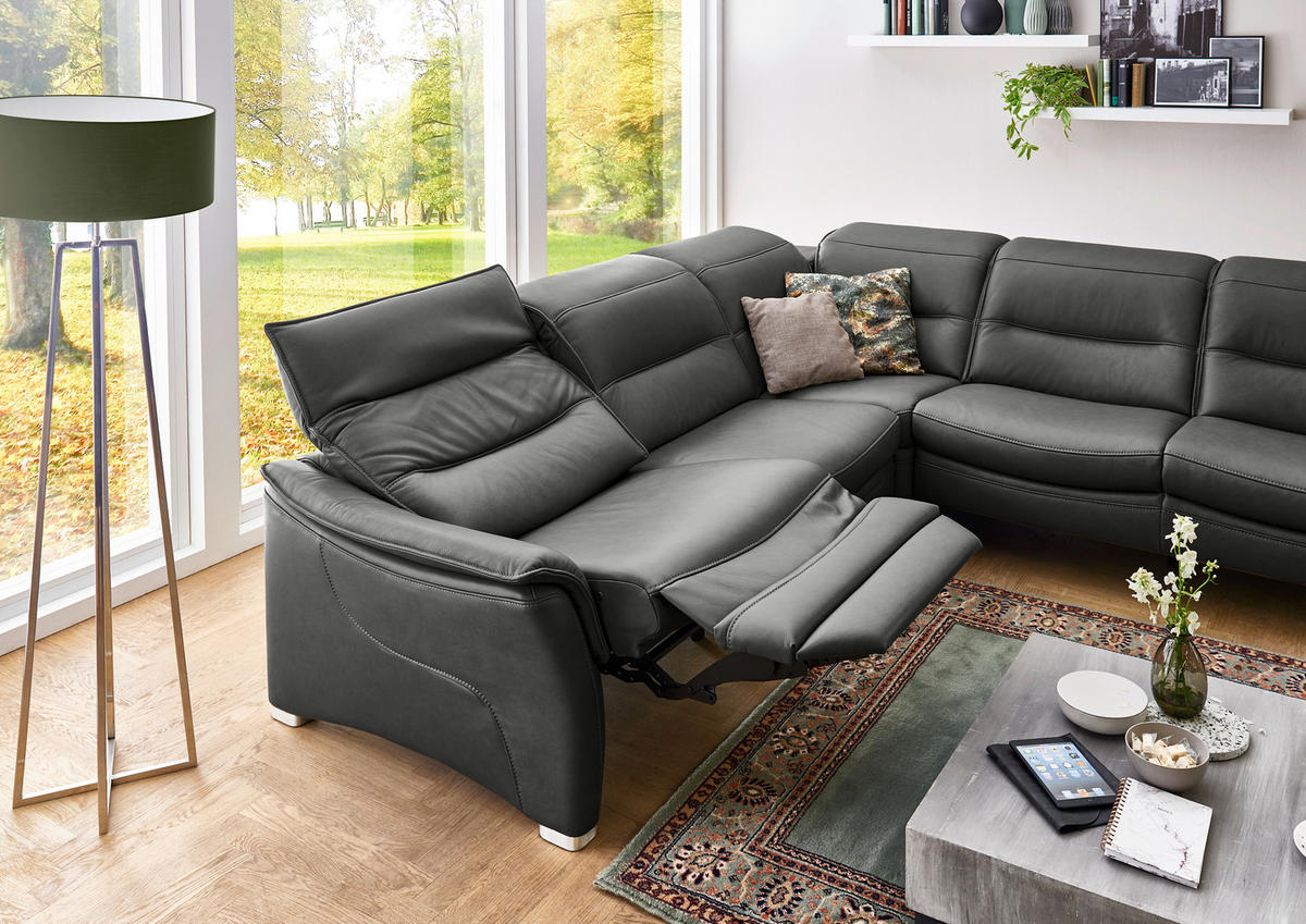 ECKSOFA in Echtleder Schwarz  - Alufarben/Schwarz, Design, Leder/Metall (277/277cm) - Valdera