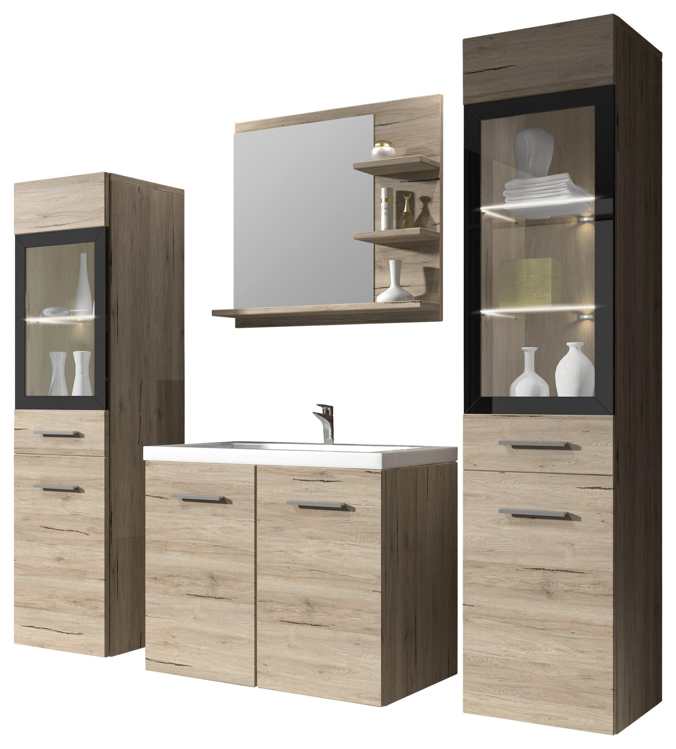 Thumbnail - P & B Badezimmer, Eiche San Remo, Kunststoff, 5-teilig, 7 Fächer, 120 cm, Fsc, Spiegel mit Ablage, Badezimmer, Badmöbels...