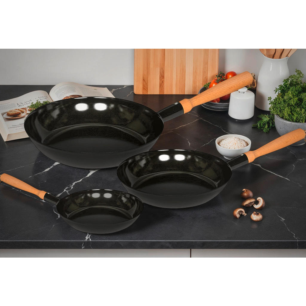 Thumbnail - Riess Pfannenset, Schwarz, Metall, Holz, 3-teilig, rund, kratzfest, geschmacksneutral, energiesparend, Kochen, Pfannen, ...