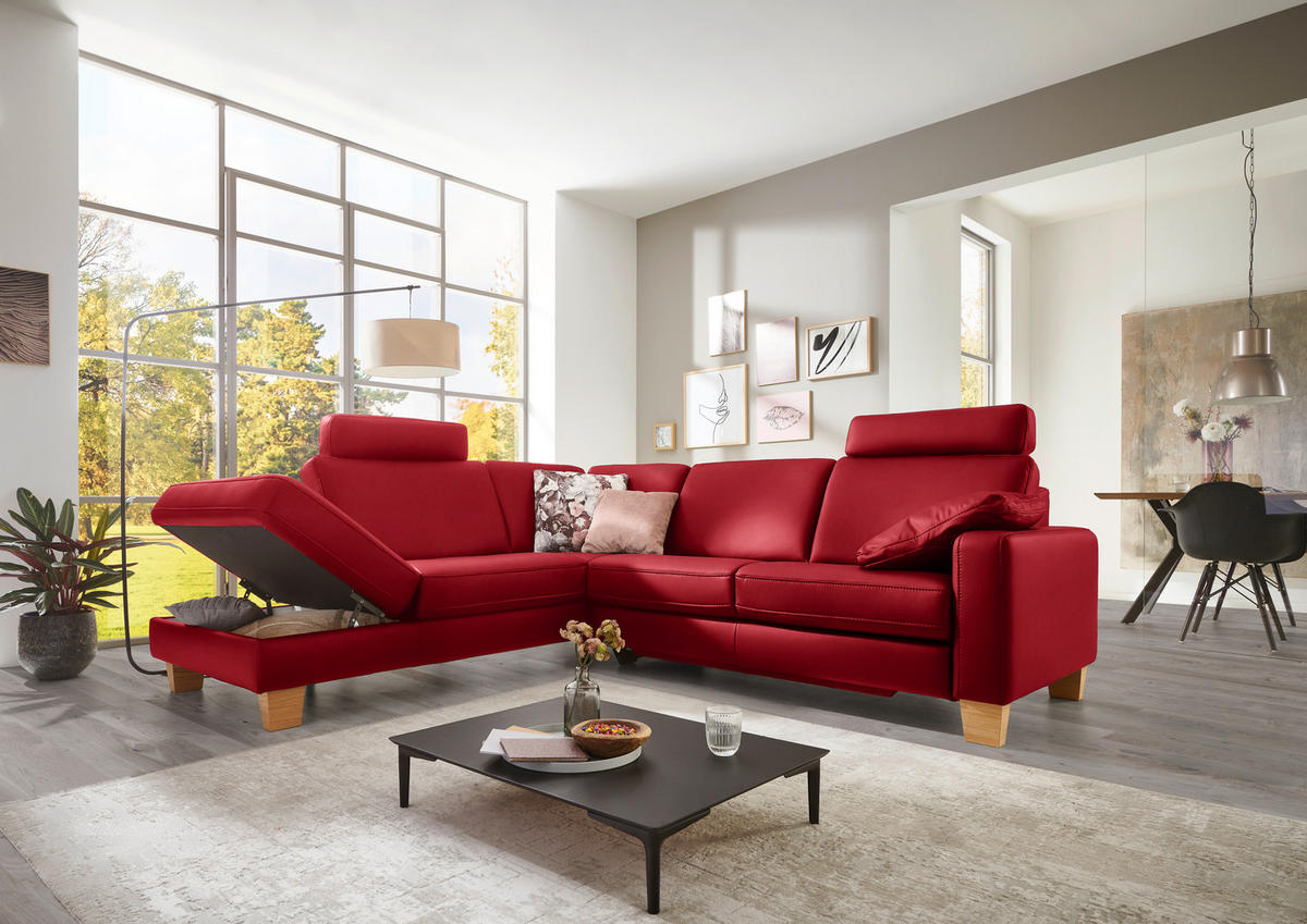 ECKSOFA in Echtleder Rot  - Eiche Bianco/Rot, Konventionell, Leder/Holz (235/257cm) - Valdera