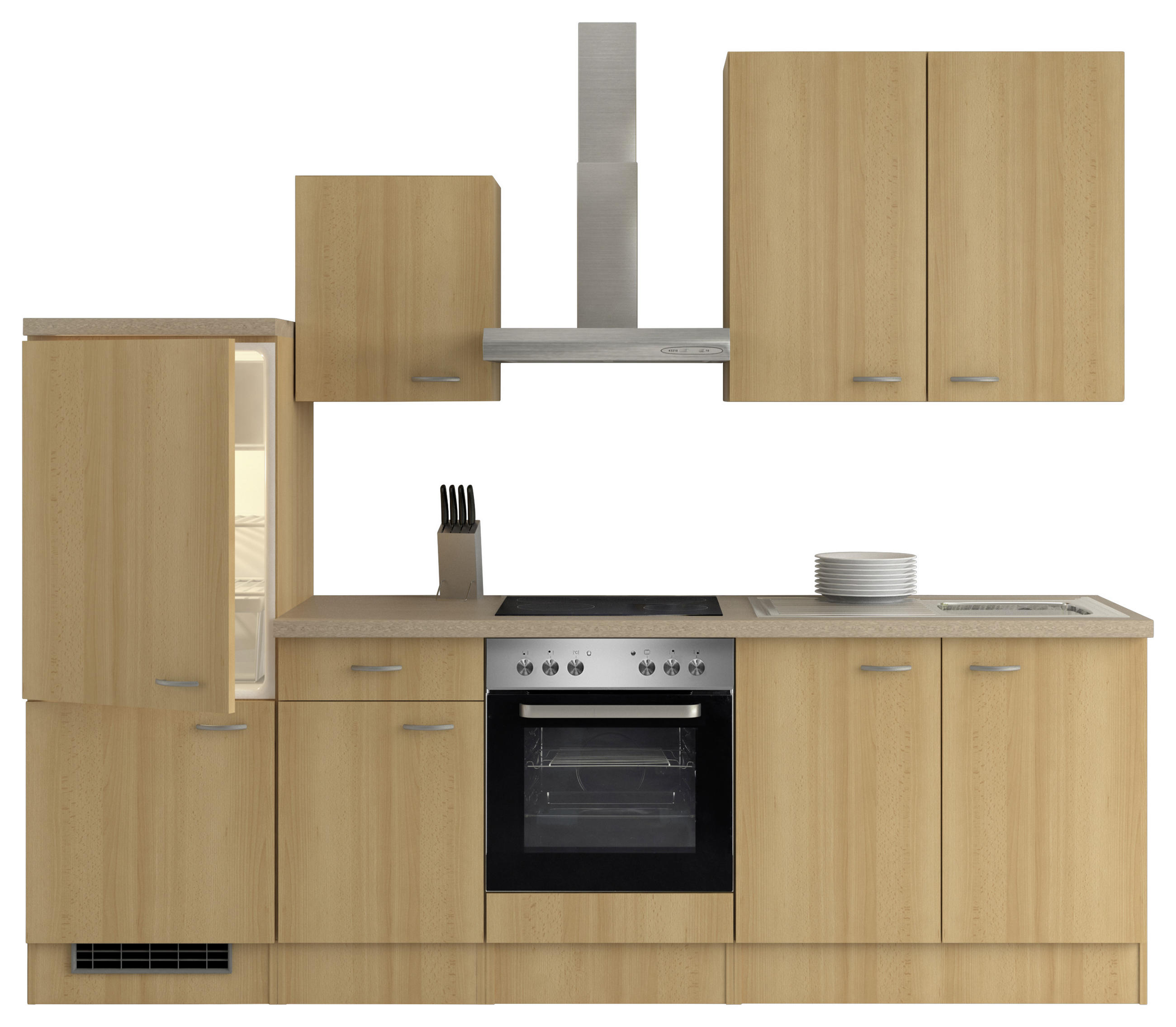 KÜCHENBLOCK 270 cm in Creme, Buchefarben, Edelstahlfarben - Edelstahlfarben/Buchefarben, MODERN (270cm) - MID.YOU
