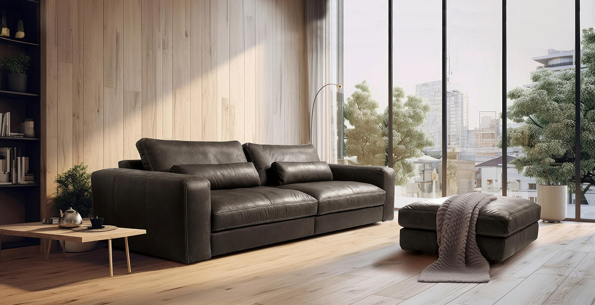 3-SITZER-SOFA  in Echtleder Fango   - Fango/Beige, Design, Leder/Kunststoff (300/85/123cm) - Livetastic