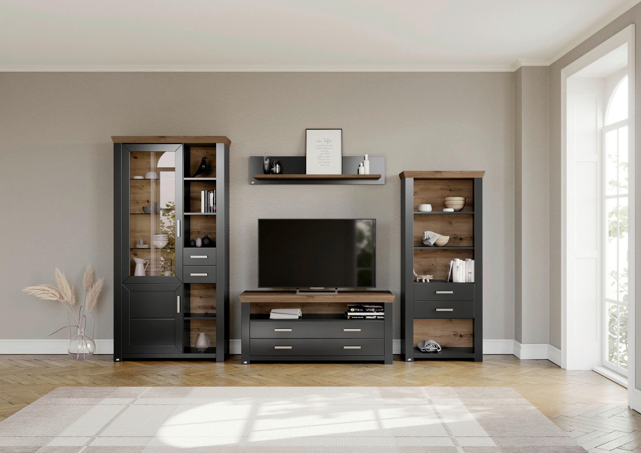 Thumbnail - SetOne by Musterring Wohnwand, Graphit, Eiche Artisan, Metall, 9 Fächer, 6 Schublade(n) Schubladen, 340x206.6x51.2 cm, B...