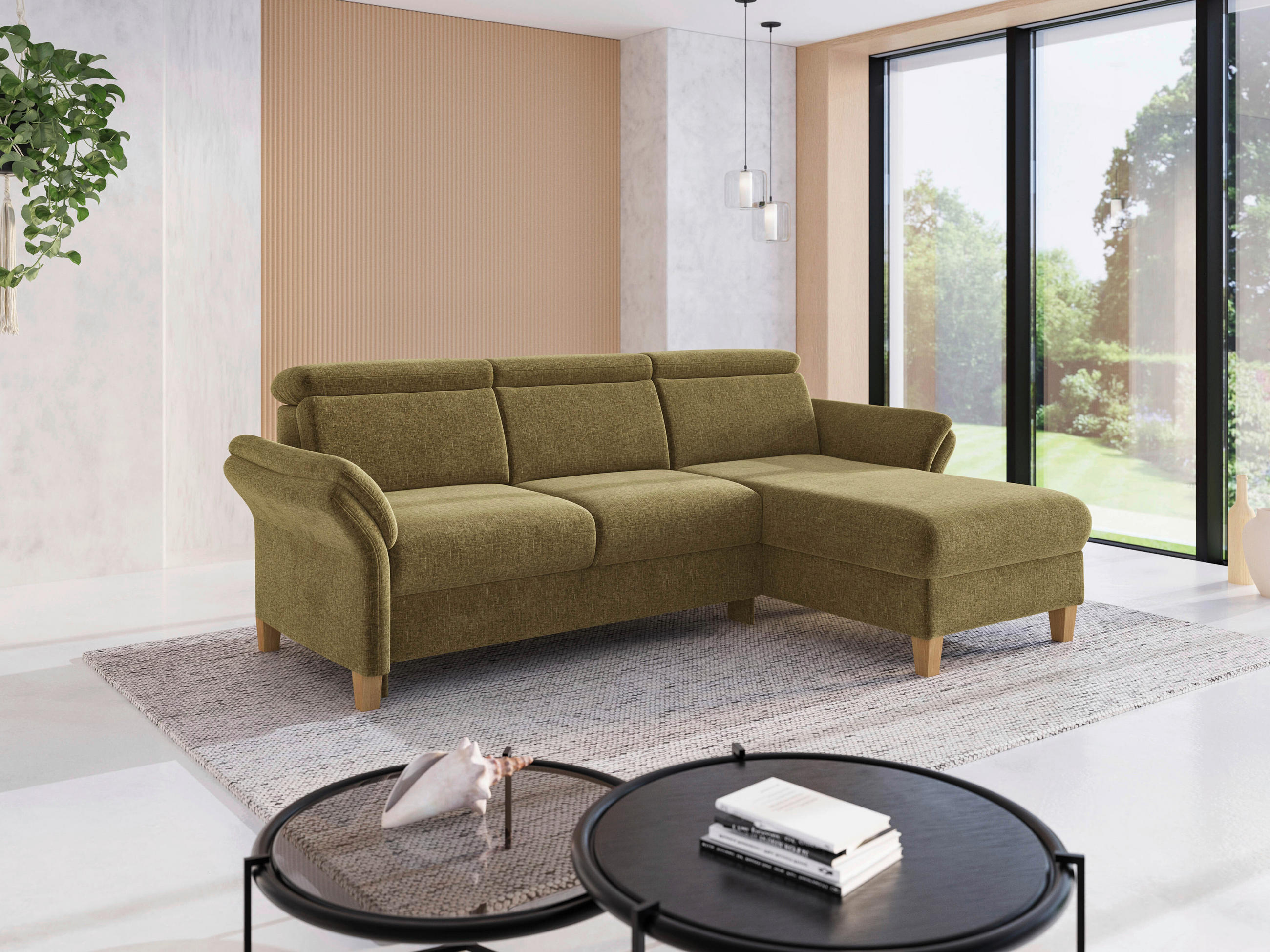 ECKSOFA GLENDALE E Olivgrün Flachgewebe  - Eichefarben/Olivgrün, KONVENTIONELL, Holz/Textil (253/166cm) - Sit & More