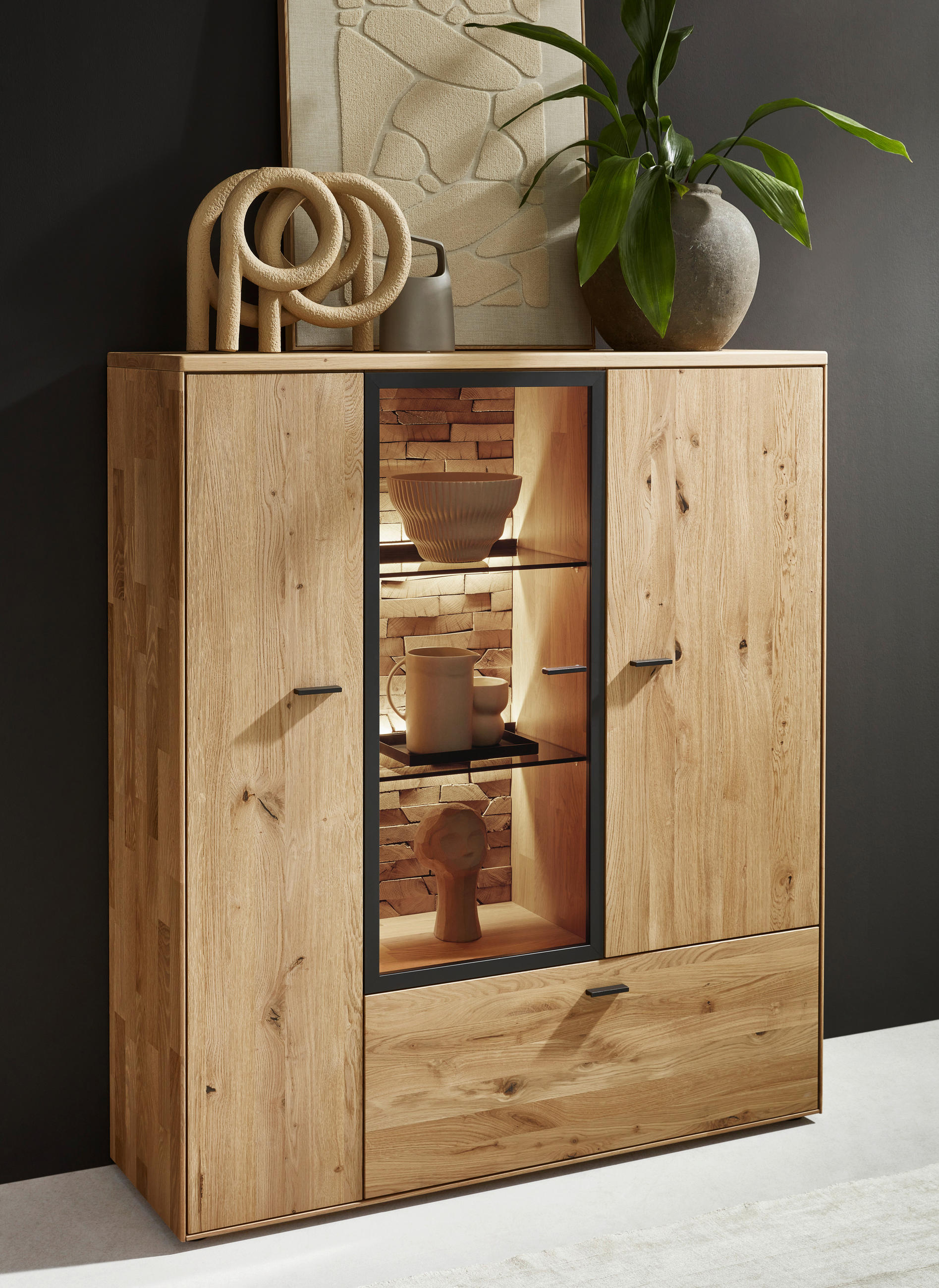 HIGHBOARD Wildeiche  121,9/139,9/37,1 cm  - Wildeiche/Graphitfarben, Natur, Glas/Holz (121,9/139,9/37,1cm) - Valnatura