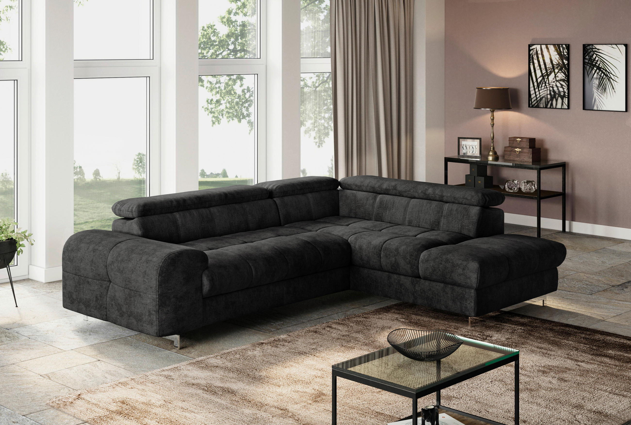 ECKSOFA in Mikrofaser Schwarz  - Chromfarben/Schwarz, Konventionell, Textil/Metall (257/206cm) - Livetastic