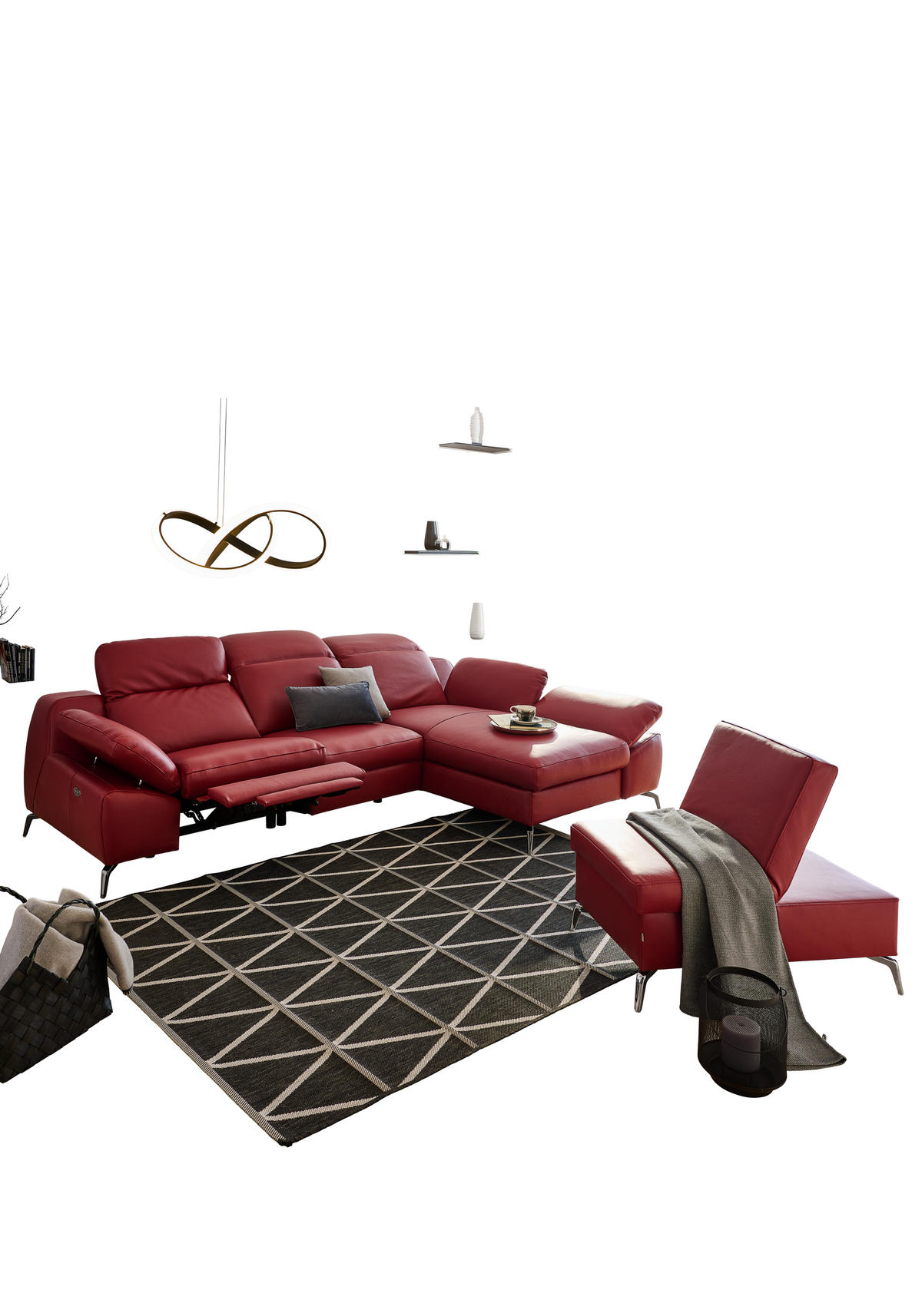 ECKSOFA Rot Echtleder  - Rot/Schwarz, Design, Leder/Metall (183/286cm) - Celina Home
