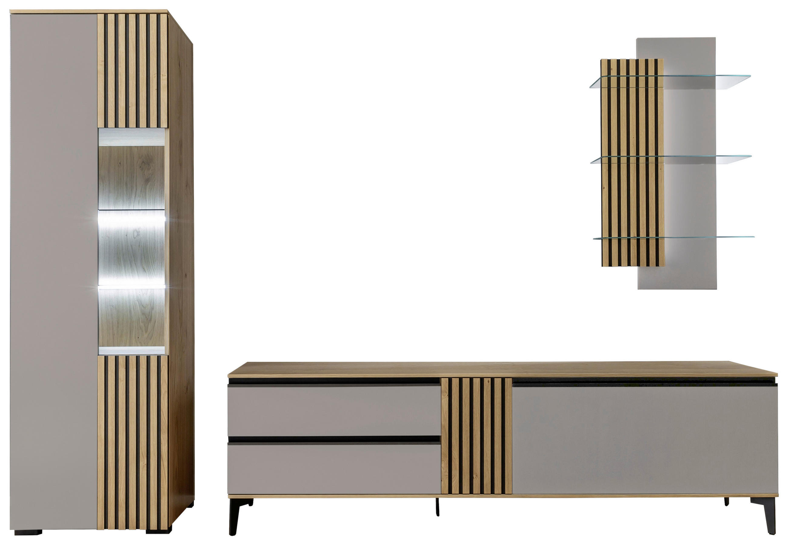 WOHNWAND  in Greige, Wildeiche 277/200/45 cm  - Wildeiche/Greige, Design, Glas/Holz (277/200/45cm) - Moderano