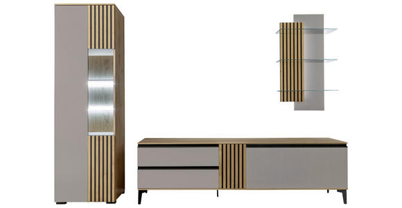 WOHNWAND in Greige, Wildeiche 277/200/45 cm - Wildeiche/Greige, Design, Glas/Holz (277/200/45cm) - Moderano