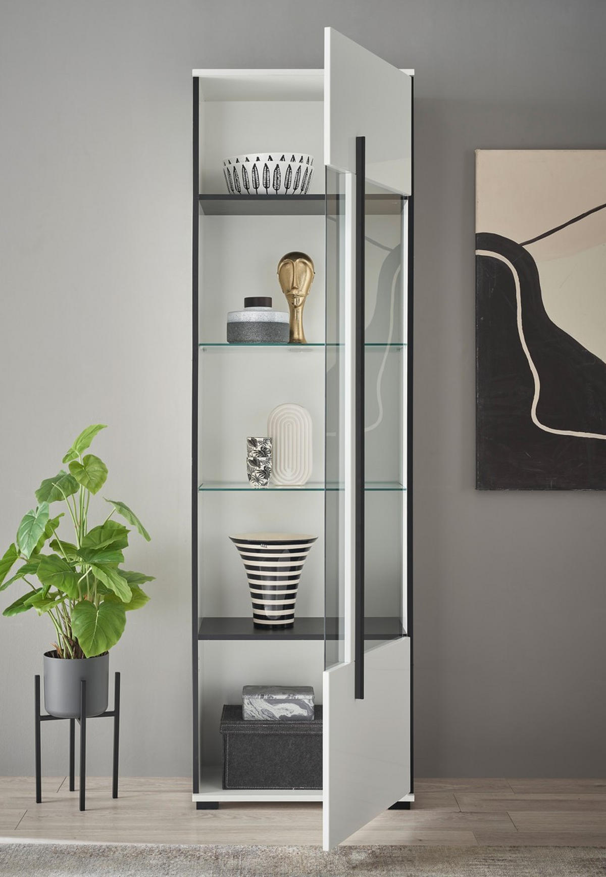 VITRINE  in Weiß Hochglanz  - Weiß Hochglanz/Schwarz, Design, Glas/Holzwerkstoff (60/200/37cm) - Livetastic