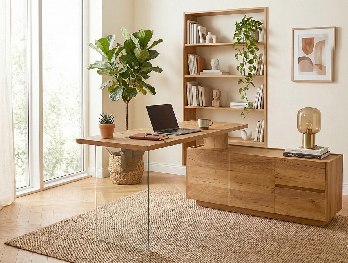 ECKSCHREIBTISCH 160/136/74 cm Eichefarben Stauraum, seitenverkehrt montierbar  - Eichefarben, Design, Glas/Holzwerkstoff (160/136/74cm) - MID.YOU