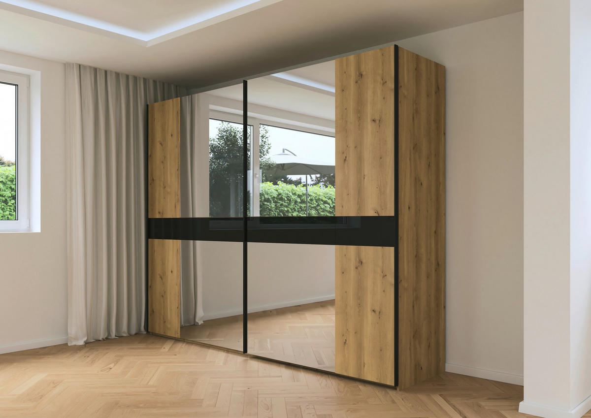 SCHWEBETÜRENSCHRANK in Schwarz, Eichefarben  - Eichefarben/Schwarz, Design, Glas/Holz (281/223/68cm) - Dieter Knoll
