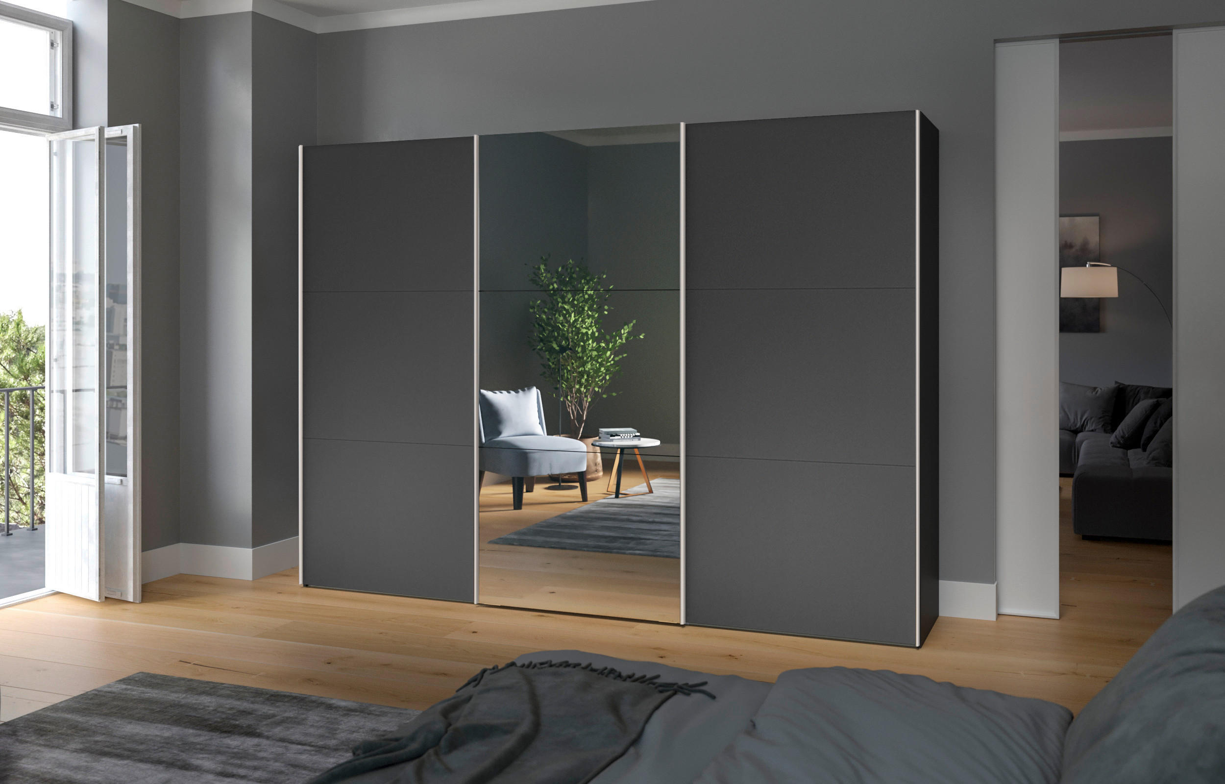 SCHWEBETÜRENSCHRANK 303/215/65 cm 3-türig Anthrazit, Schwarz  - Edelstahlfarben/Anthrazit, Design, Glas/Holzwerkstoff (303/215/65cm) - Boxxx