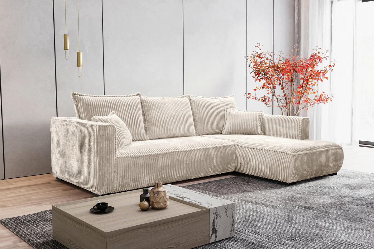 ECKSOFA in Cord Creme  - Creme/Schwarz, Modern, Holz/Textil (322/208cm) - MID.YOU