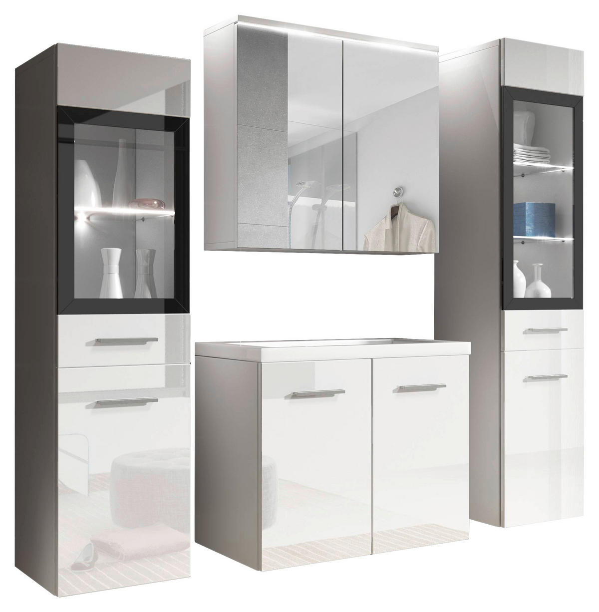 BADEZIMMER 5-teilig  in 120 cm  - Weiß Hochglanz/Weiß, Basics, Glas/Holzwerkstoff (120cm) - P & B