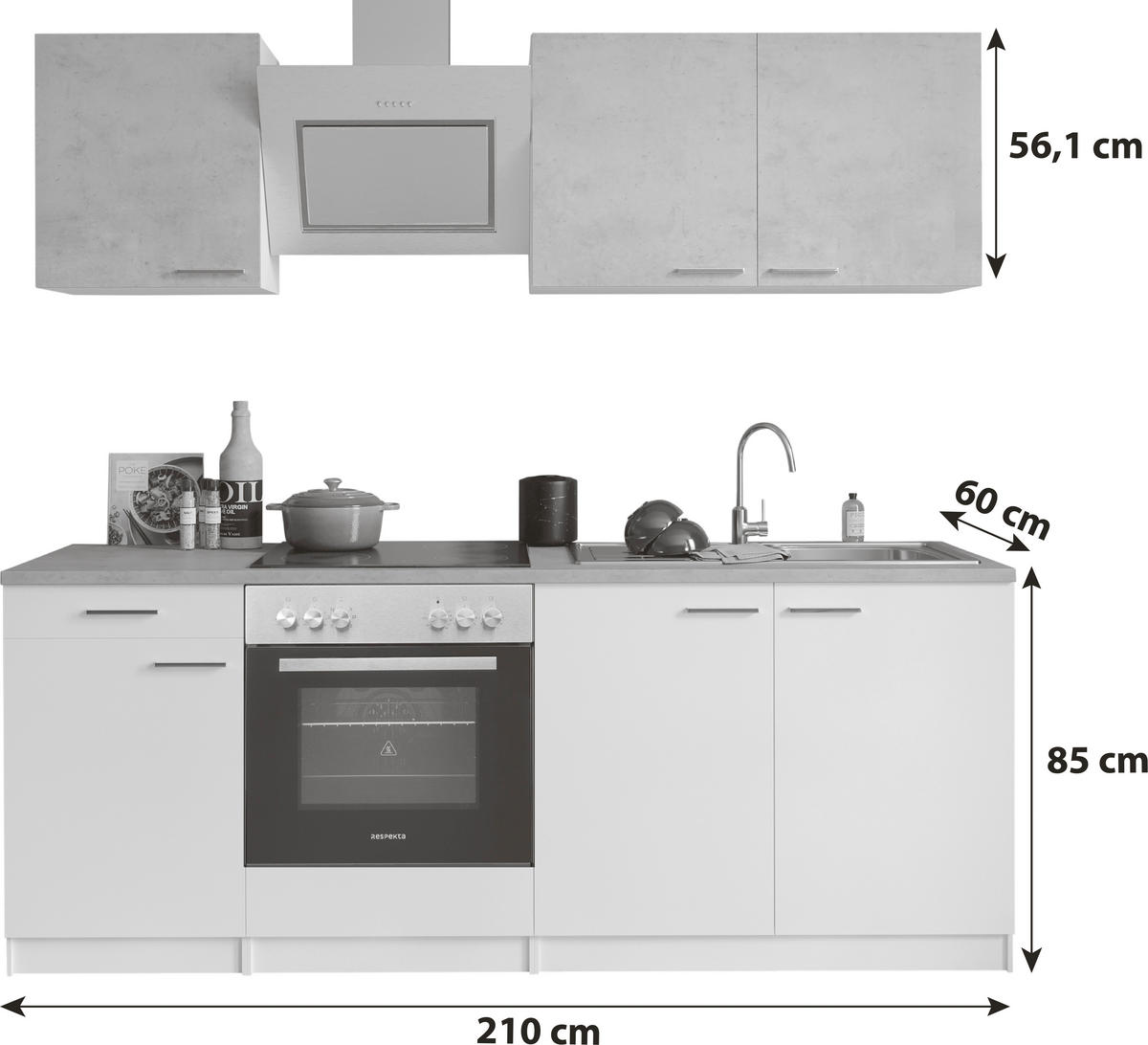 KÜCHENBLOCK 210 cm   in Grau, Weiß  - Edelstahlfarben/Graphitfarben, Basics, Holzwerkstoff/Metall (210cm) - Respekta