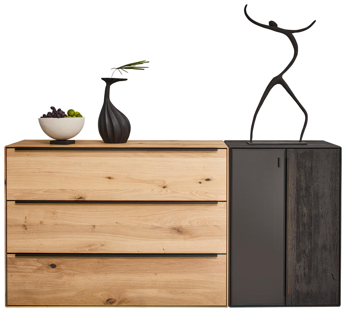 SIDEBOARD Schwarz, Eichefarben  184/90,3/47,1 cm  - Eichefarben/Anthrazit, Natur, Glas/Holz (184/90,3/47,1cm) - Valnatura
