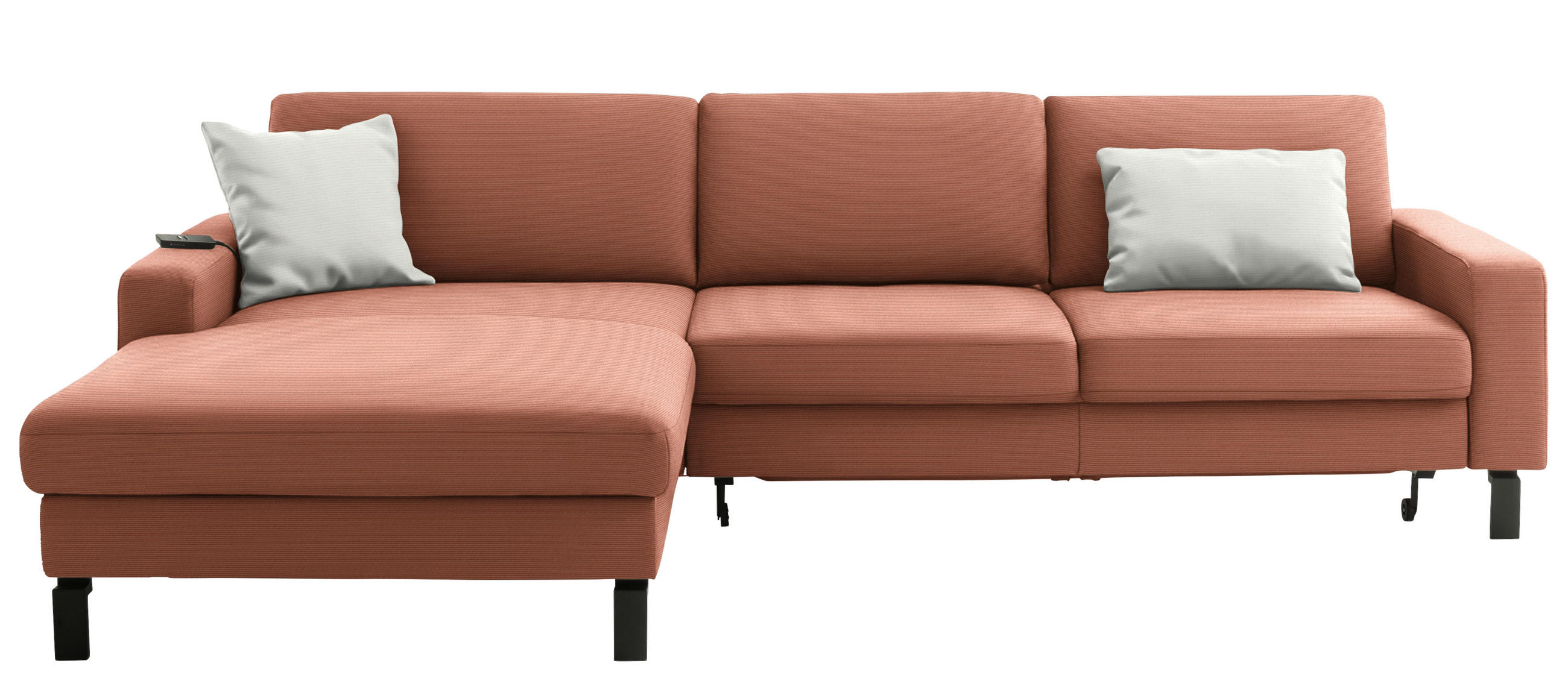 ECKSOFA  in Cord Rostfarben Rücken echt, Sitztiefenverstellung  185/298 cm  - Rostfarben/Schwarz, Design, Textil/Metall (185/298cm) - Pure Home Lifestyle