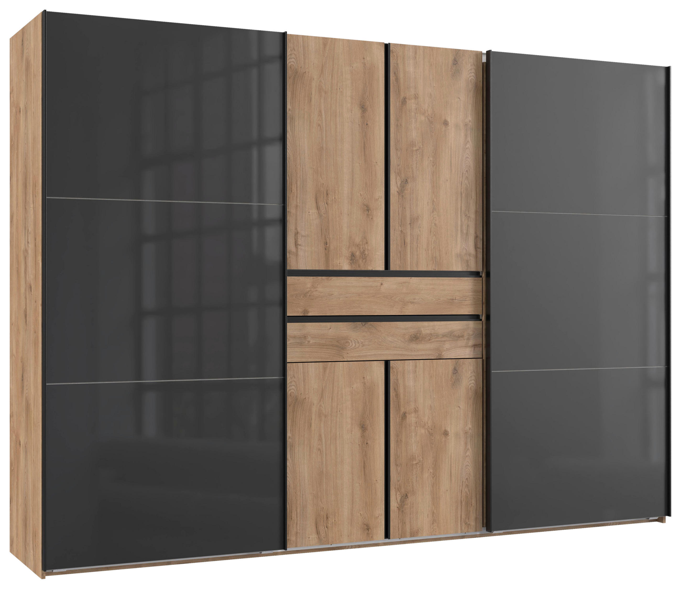 KLEIDERSCHRANK 300/216/65 cm,  in Grau, Plankeneiche, 6-türig  - Plankeneiche/Schwarz, Design, Glas/Holzwerkstoff (300/216/65cm) - Stylife