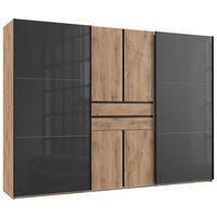 KLEIDERSCHRANK 300/216/65 cm,  in Grau, Plankeneiche, 6-türig  - Plankeneiche/Schwarz, Design, Glas/Holzwerkstoff (300/216/65cm) - Stylife