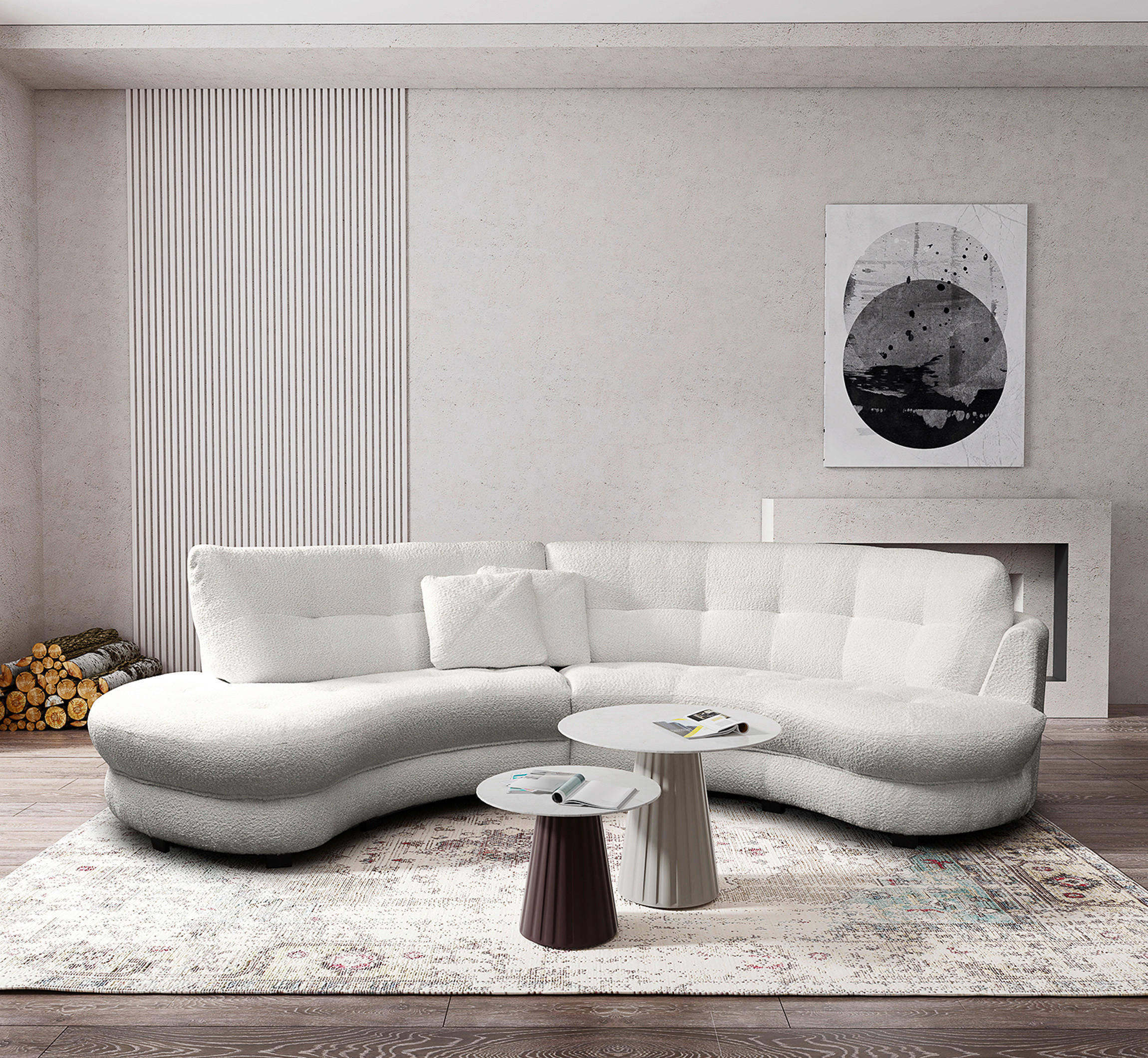 ECKSOFA Rundform  Hellgrau Bouclé  - Hellgrau/Schwarz, Design, Kunststoff/Textil (113/300cm) - Livetastic