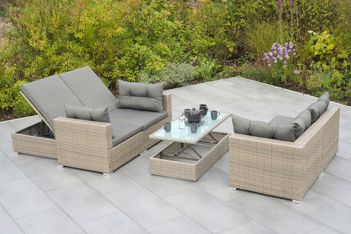 LOUNGEGARNITUR 7-teilig   Stahl  - Naturfarben/Grau, MODERN, Glas/Kunststoff - Gardenson