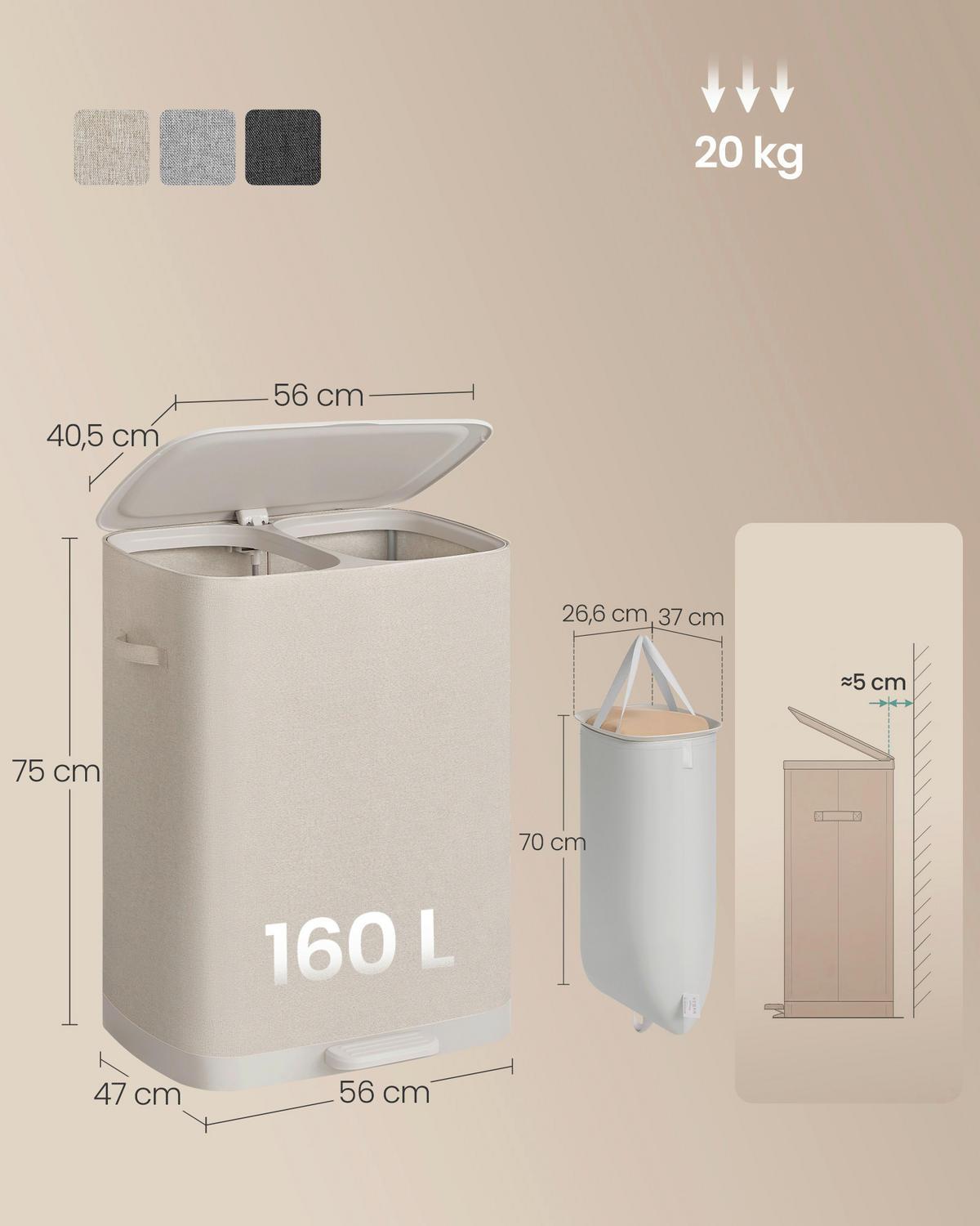 WÄSCHEKORB - Beige, Basics, Kunststoff/Textil (56/75/40,5cm)