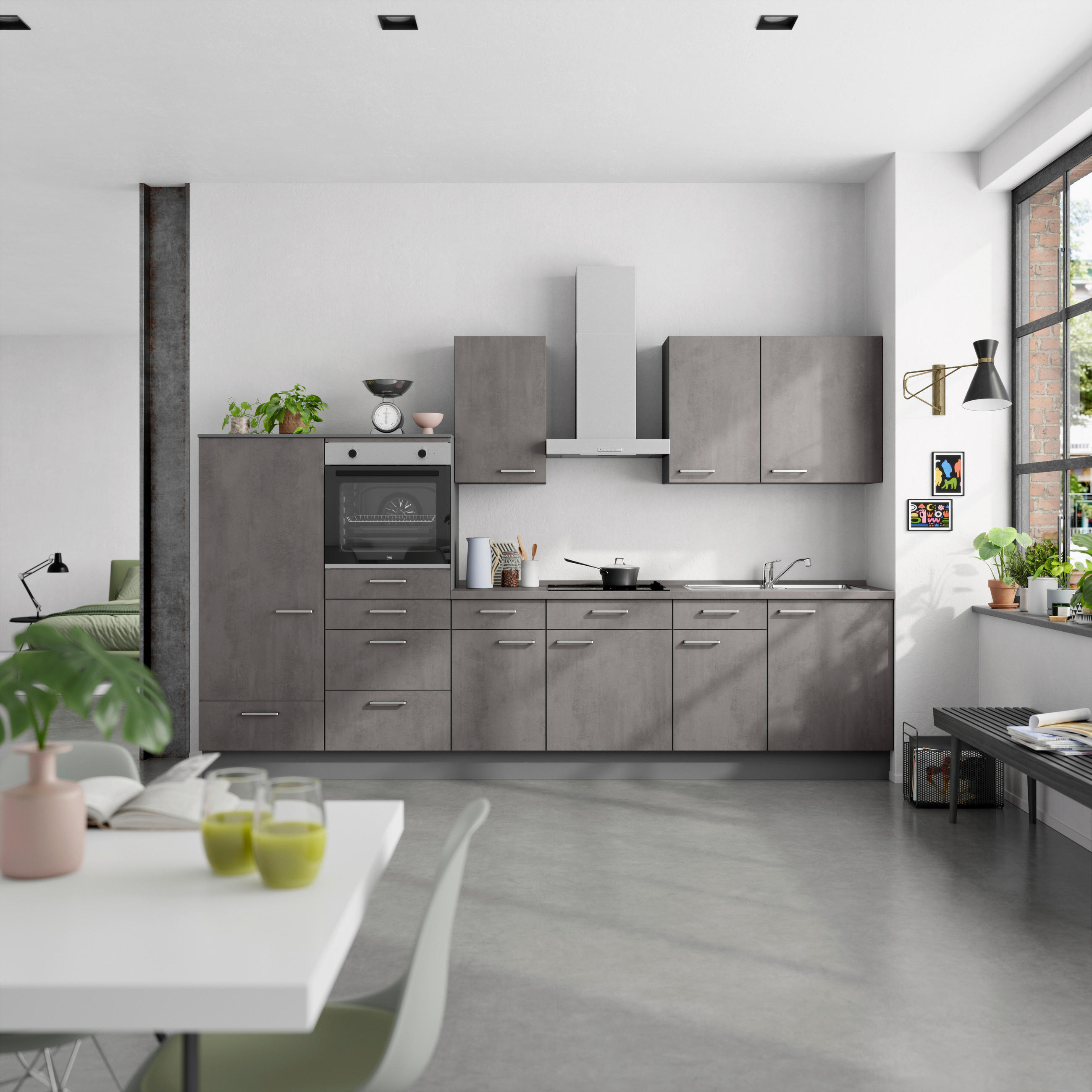 KÜCHENBLOCK Riva 330 cm  in Schieferfarben  - Schieferfarben/Edelstahlfarben, MODERN, Holzwerkstoff/Metall (330cm) - Nobilia