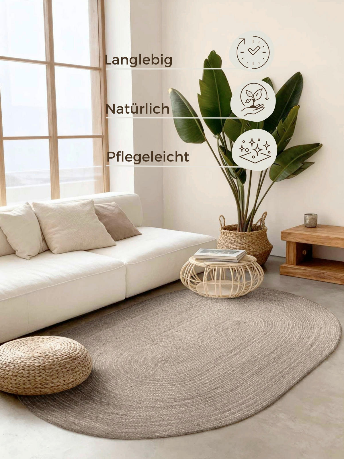 JUTETEPPICH 160/230 cm Jute Braided Greige oval  - Greige, Basics, Textil (160/230cm) - Hanse Home