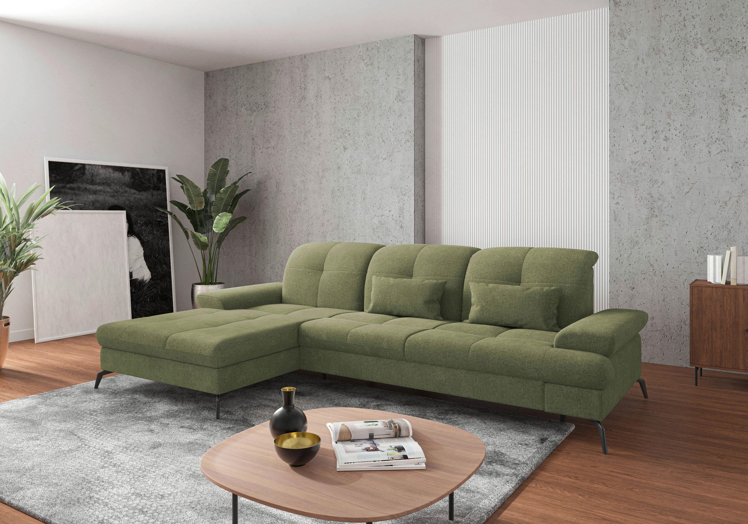 ECKSOFA 185/279 cm  in Flachgewebe Hellgrün Bettkasten, Armteilverstellung, Kopfteilverstellung, Sitztiefenverstellung, Liegefläche im Originalstoff  185/279 cm  - Schwarz/Hellgrün, KONVENTIONELL, Textil/Metall (185/279cm) - Sit & More