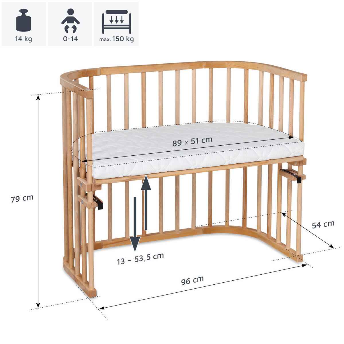 BEISTELLBETT  96/54/79 cm  - Kernbuche, Basics, Holz (96/54/79cm) - Babybay