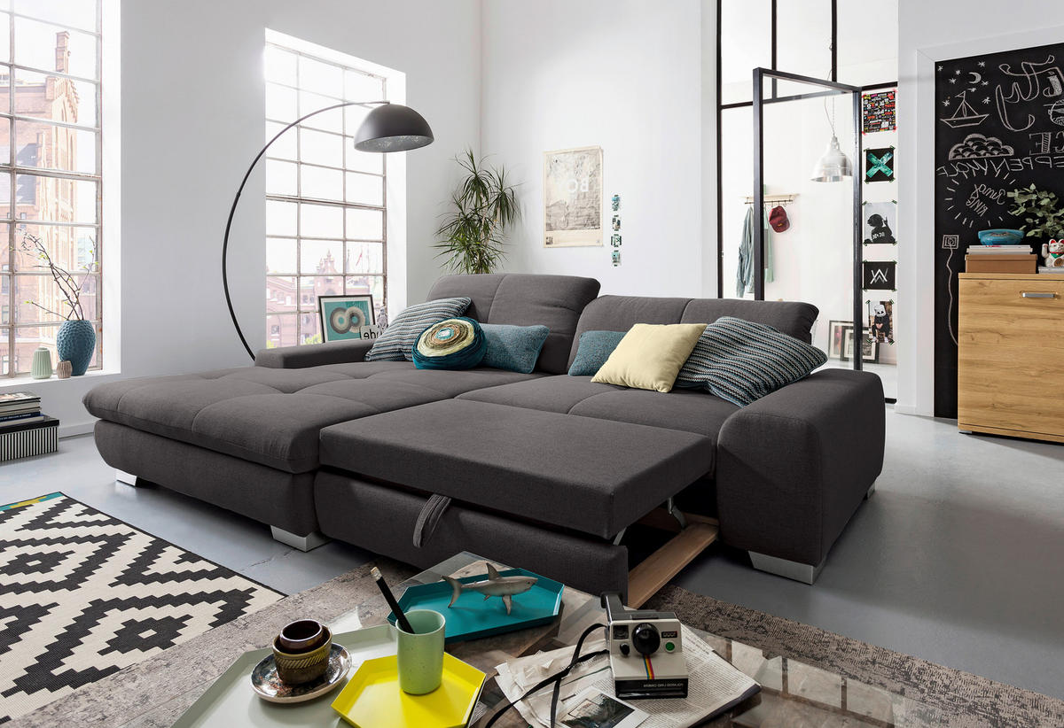 ECKSOFA Dunkelgrau Flachgewebe  - Chromfarben/Dunkelgrau, Design, Textil/Metall (198/276cm) - SetOne by Musterring