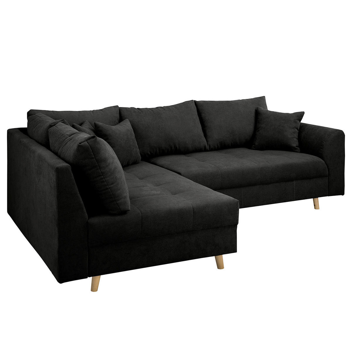 ECKSOFA inkl. Hocker Ariella Schwarz Mikrofaser Rückenkissen, Hocker  - Schwarz/Naturfarben, Design, Holz/Textil (161/231cm) - Livetastic