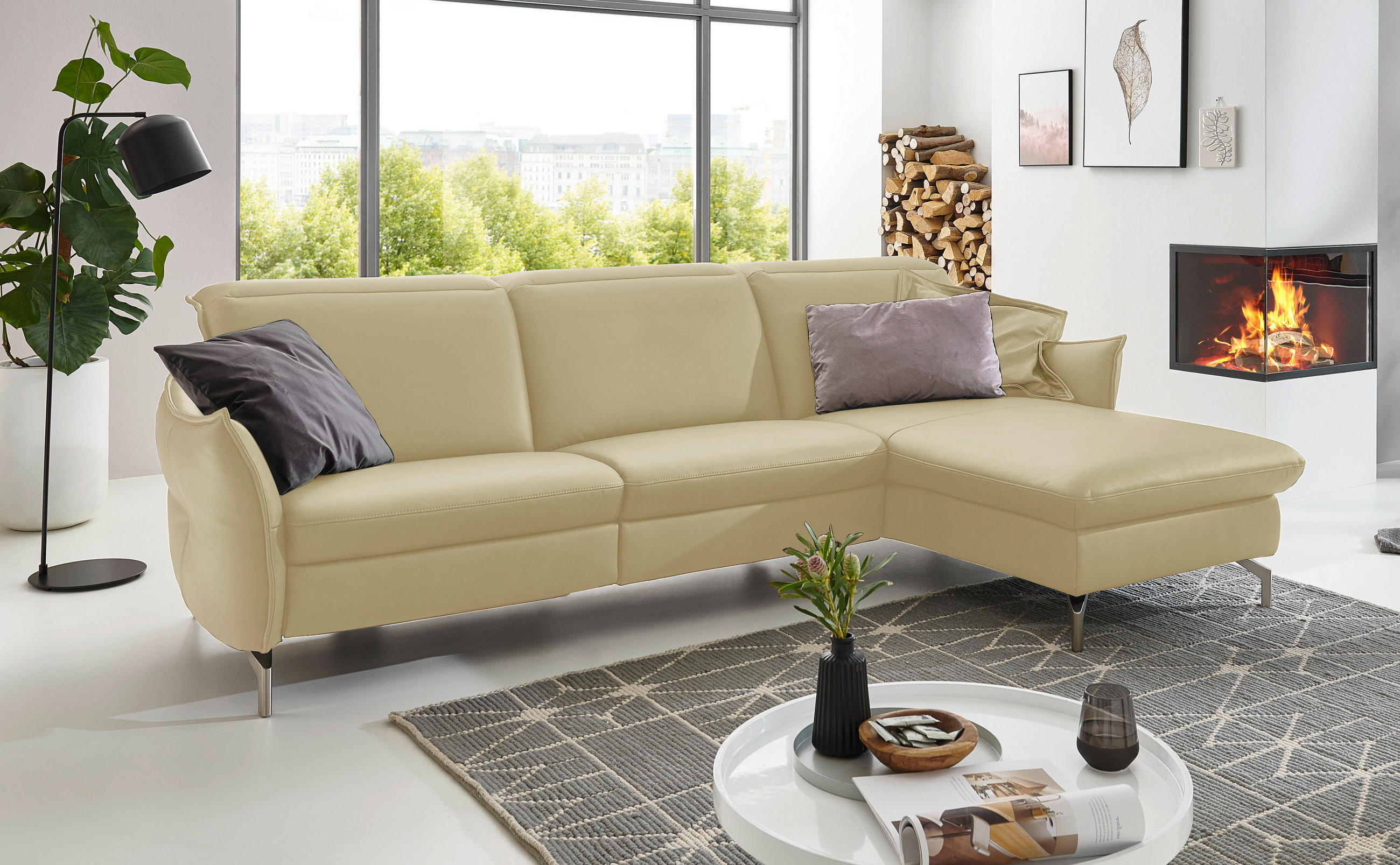 HÖRNSOFFA i äkta läder creme - creme/nickelfärgad, Modern, metall/läder (263/179cm) - Livetastic